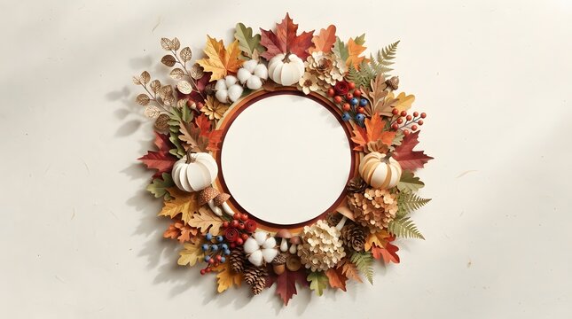 Autumn floral wreath with pumpkins and dried flowers on a neutral background