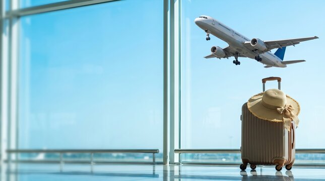 Passenger airplane take off behind a clear blue glass airport window, luggage suitcase and beach hat in foreground, travel vacation concept