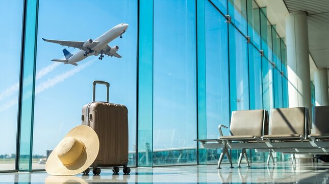 Passenger airplane take off behind a clear blue glass airport window, luggage suitcase and beach hat in foreground, travel vacation concept