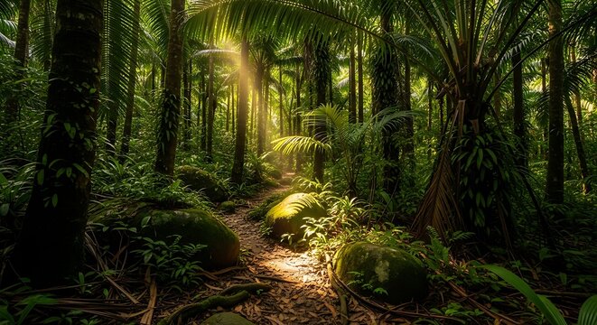 Sunlight filtering through lush tropical jungle path with mossy rocks