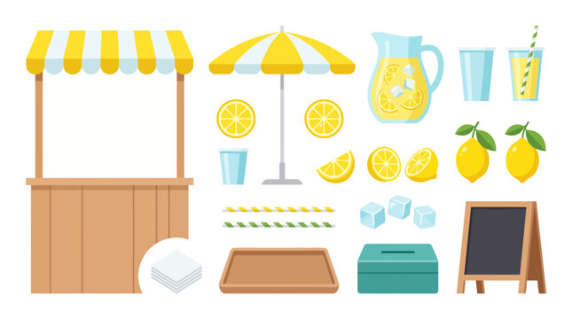 Lemonade stand element set with stall, lemons, pitcher, umbrella and chalkboard illustration