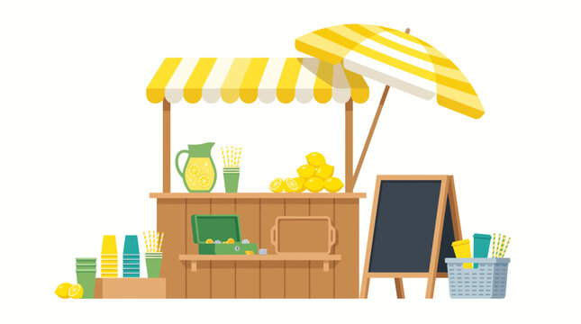 Vector illustration of a bright yellow lemonade stand with cups, lemons, pitcher, and an umbrella