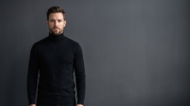 Man Wearing a Black Turtleneck Sweater Standing Against a Dark Gray Background