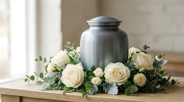 Elegant white rose floral arrangement with decorative urn on rustic table