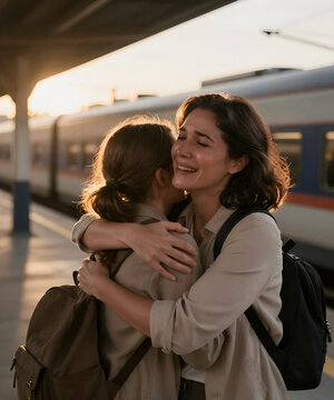 Emotional reunion between a mother and daughter at a train station, tears of joy and a heartfelt embrace in golden sunset light, cinematic storytelling and authentic commercial lifestyle photography