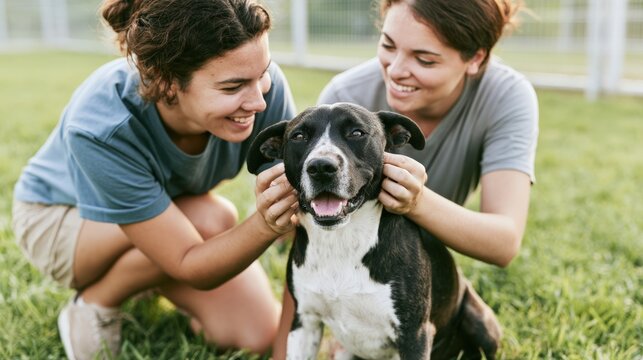 Young female animal shelter volunteers interacting with a happy black and white dog in grassy yard