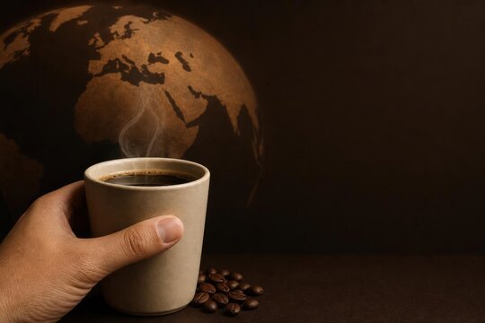 Hand holding ceramic cup of coffee with steam, globe and coffee beans on dark background