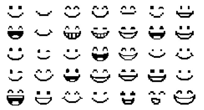 Black and white pixel smile icons set with cute retro expressions vector collection