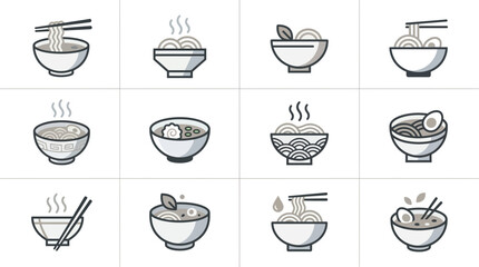 Fototapeta premium Minimalist ramen and noodle soup bowl icon set.
