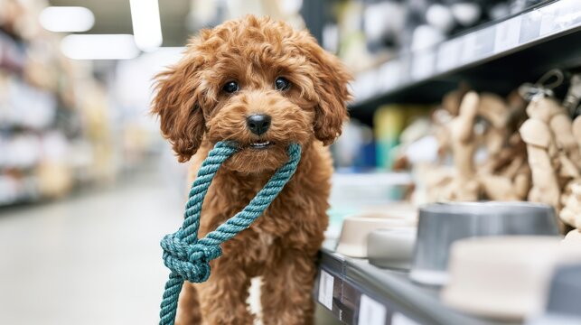 Miniature poodle with teal rope toy in pet store aisle, surrounded by various pet supplies