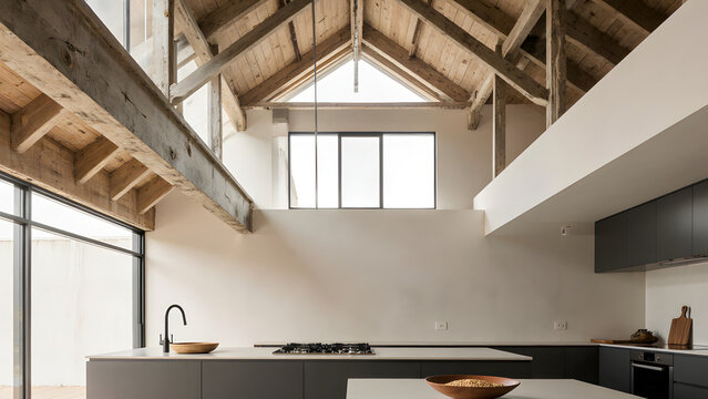 Minimalist Loft Kitchen with Exposed Wooden Roof Beams and High Ceiling