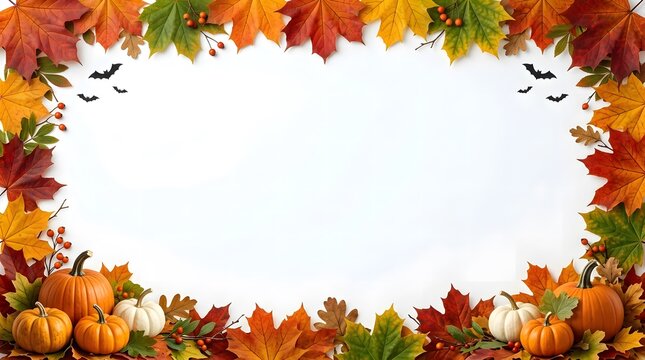 Autumn frame with colorful leaves pumpkins and silhouettes of flying birds
