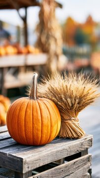 Flawless orange pumpkin on rustic wooden crate beside golden wheat bundle in autumn setting