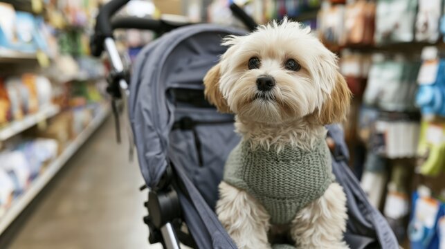 Fluffy cream and apricot Maltipoo in pet stroller wearing knitted sweater, exploring pet supply aisle