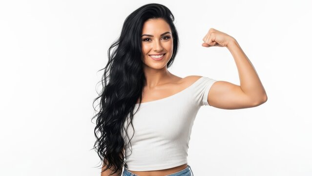 Young woman flexing arm showing muscle strength and confidence