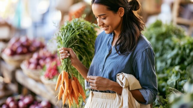 Woman with long dark hair holding fresh carrots at a vibrant farmers market vegetable stall