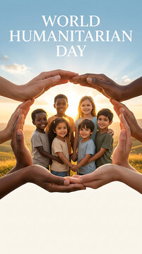 Diverse group of children standing under protective hands for world humanitarian