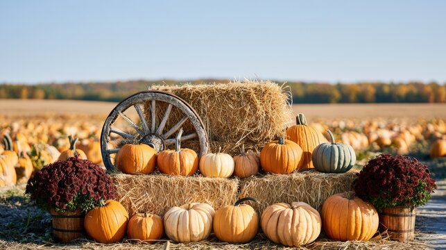 Autumn pumpkin farm display with varied pumpkins, hay bales, and chrysanthemums in rural setting