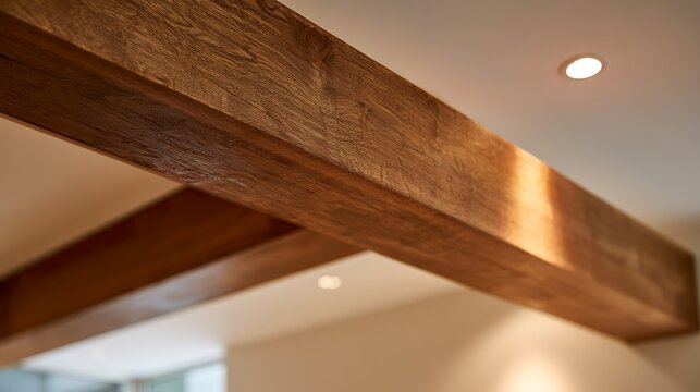 Rustic wooden ceiling beam detail in modern home interior.