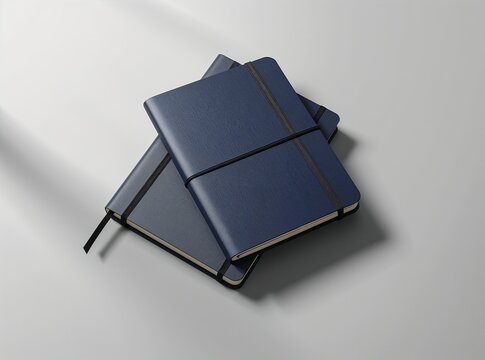 A stack of two identical navy blue hardcover notebooks with black elastic bands on a plain grey surface.