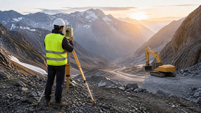 Mining engineer conducting geological survey at open pit mine with excavator and mountain landscape