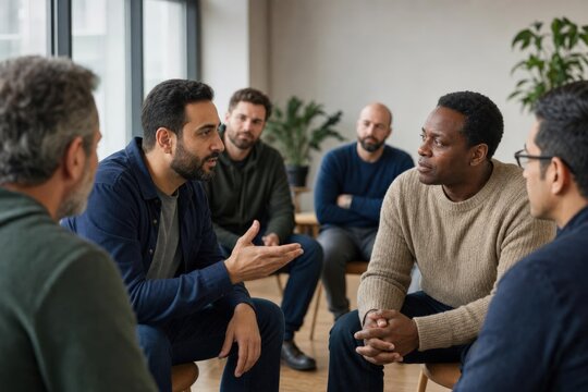 Group of diverse men engaged in discussion while seated in modern interior setting