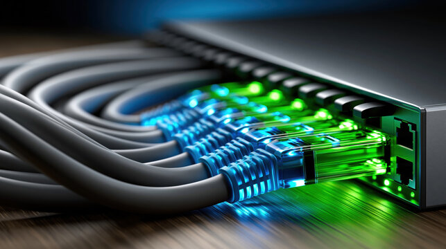 Ethernet cable network switch with blue and green port light, close up of connected data line in server room, modern technology detail