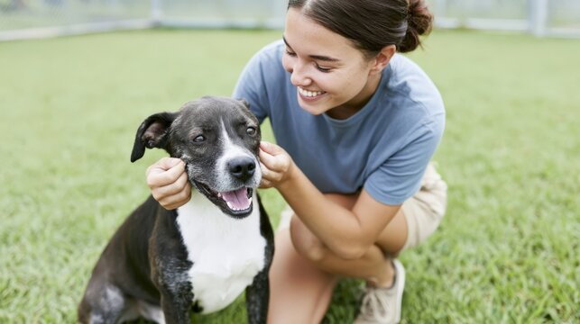 Young female animal shelter volunteer kneeling with medium-sized black and white dog in grassy yard