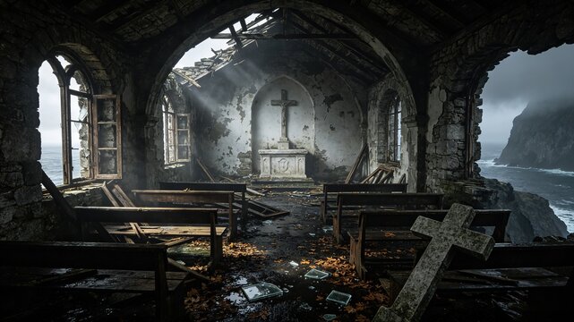 Abandoned ruined stone church interior with broken windows,suitable for horror book covers, mystery game backgrounds and dark‑theme promotional artwork.