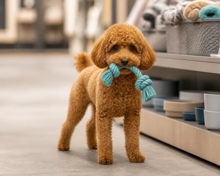 Poodle dog with curly fur holds blue rope toy in pet store aisle surrounded by supplies