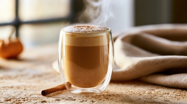Transparent double wall glass cup with creamy pumpkin spice latte and cinnamon stick on wooden table