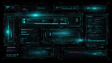Fototapeta premium Cyber interface with dark black background and minimal dark cyan geometric panels, futuristic digital dashboard glowing with abstract data