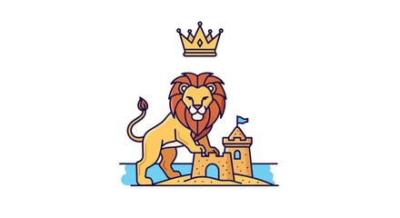 Naklejka premium Majestic Lion King with Crown and Sandcastle on Island
