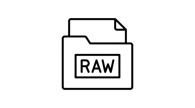 Raw digital file folder icon depicted as a simple black line vector graphic for modern interface and web software design