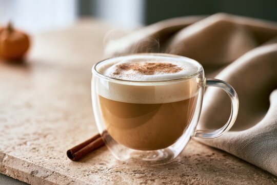 Transparent double wall glass cup with creamy pumpkin spice latte and cinnamon stick on stone surface