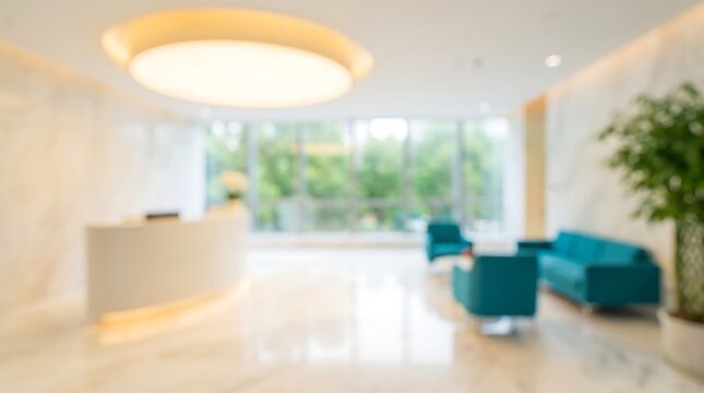 Blurred interior of a high-end office lobby with a sleek white reception desk and vibrant teal armchairs under a large circular light fixture in a bright professional corporate building