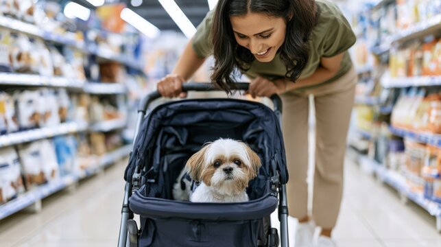 Woman with dark brown hair smiles at small dog in navy pet stroller inside pet supply store