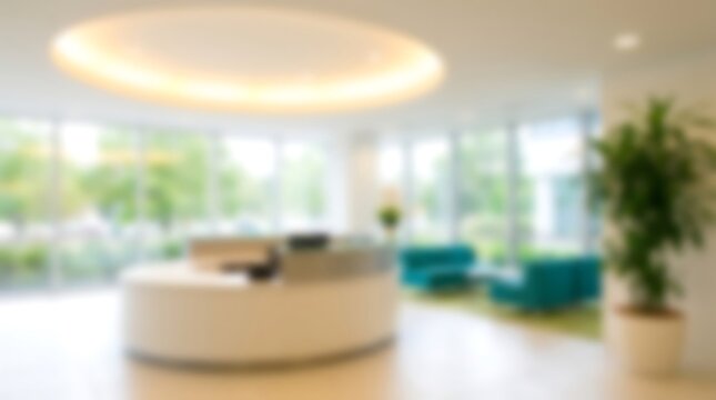 Abstract blurred view of a modern business office reception area with a white curved desk and bright teal seating for guests in a spacious corporate environment with large windows