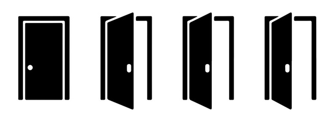 Black silhouette door vector icon collection illustrating various stages of opening and closing for navigation. © MDABDUR