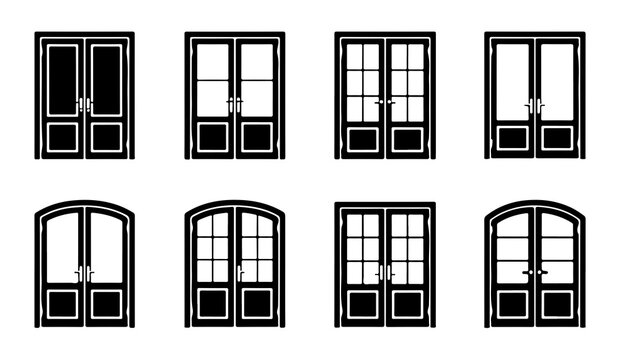 Black silhouette elegant double door designs vector collection with various styles for grand entrances.