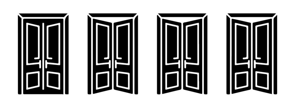 Double door opening sequence vector silhouettes highlighting symmetry and grand entry for building concepts.