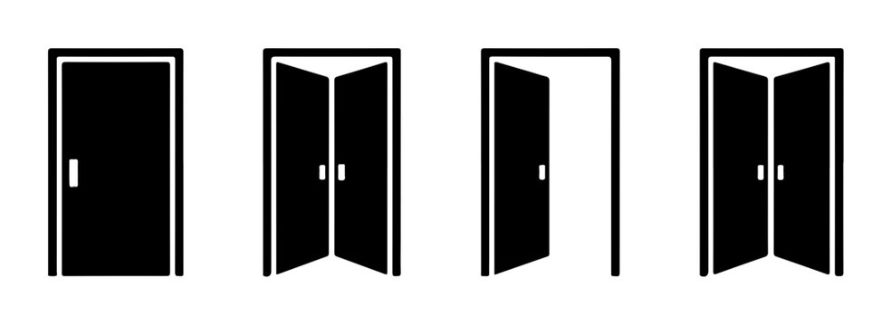 Group of black double door icons showing various states of opening for commercial and residential use.