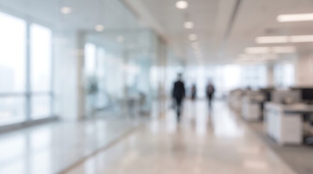 Blurred silhouette of a professional person walking through a bright modern corporate office corridor with workstations and glass walls in a busy business environment for workplace concepts