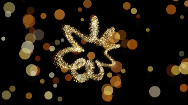 Abstract golden sparkling flower shape made of glittery particles and glowing light bokeh effects