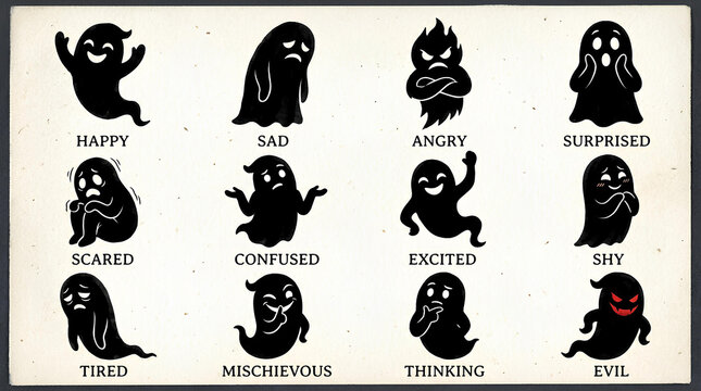 Set of ghost silhouettes representing various human emotions.