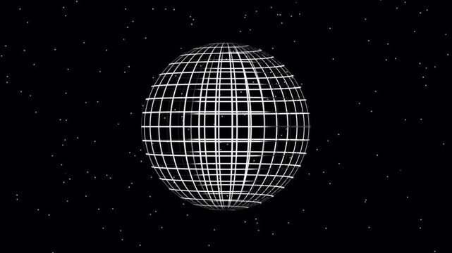 Wireframe sphere globe rotating animation on black background. Turning white grid sphere showing spinning. Dust particles line flowing curved creating glob ball. Rotating futuristic round shape loop.