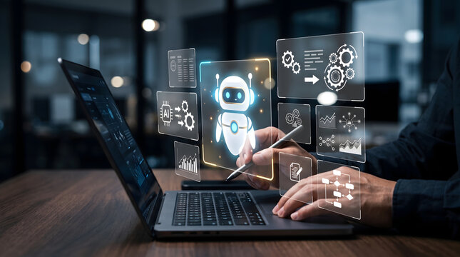 AI assistant interface with holographic workflow cards, code panels, gear symbols, and automation technology visualization