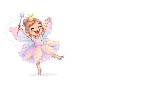A wildly happy cartoon tooth fairy dancing with both arms raised, one tiny foot lifted, enormous joyful smile, sparkling eyes, rosy cheeks, delicate wings, colorful pastel dress, tiny crown and magica