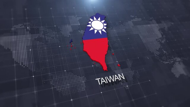 Taiwan map with national flag on digital world map background, geographic border, global political and international news concept