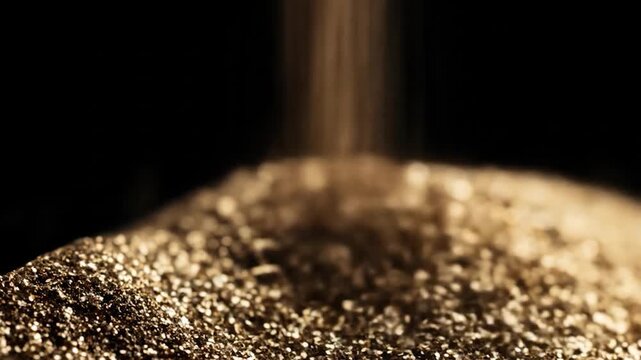 Close up of golden sand grains flowing with a blurred black background